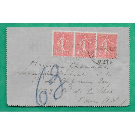 N°199 x3 SEMEUSE PNEUMATIQUE TARIF 1F50 PARIS AVENUE D'ITALIE POUR PARIS RUE JEANNE D'ARC 1930 LETTRE COVER FRANCE