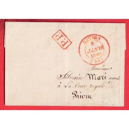 CAD TYPE 14 NEVERS EN ROUGE + PP NIEVRE POUR RIOM ALLIER CAD TYPE 11 ARRIVEE VIA MOULINS ALLIER 1839 INDICE 13