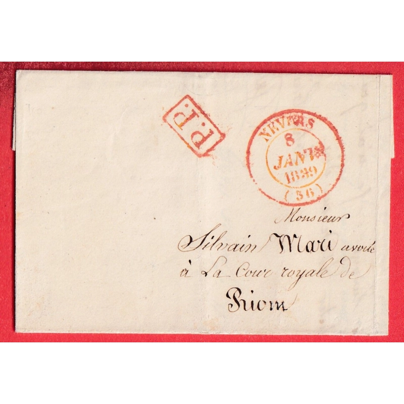 CAD TYPE 14 NEVERS EN ROUGE + PP NIEVRE POUR RIOM ALLIER CAD TYPE 11 ARRIVEE VIA MOULINS ALLIER 1839 INDICE 13