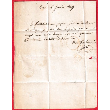 CAD TYPE 14 NEVERS EN ROUGE + PP NIEVRE POUR RIOM ALLIER CAD TYPE 11 ARRIVEE VIA MOULINS ALLIER 1839 INDICE 13