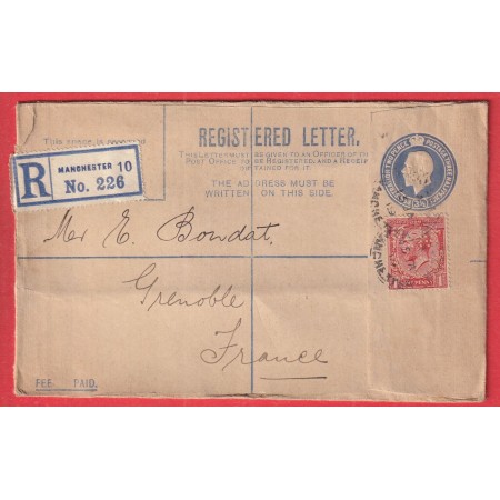 ENTIER + TIMBRE PERFORE PERFINS RESTRED LETTER MANCHESTER 1919 POUR GRENOBLE ISERE