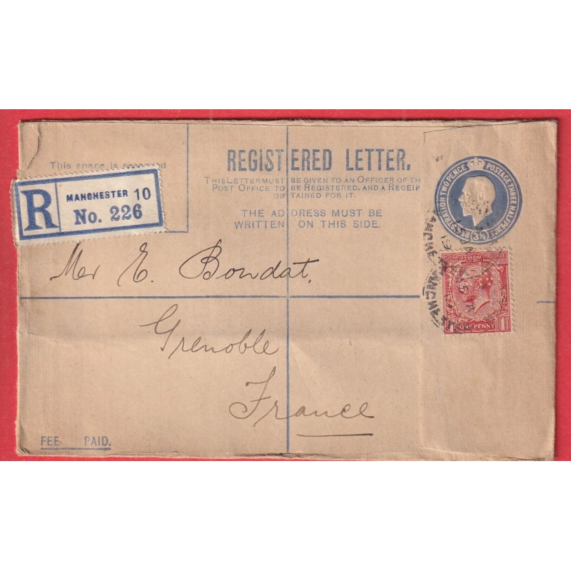 ENTIER + TIMBRE PERFORE PERFINS RESTRED LETTER MANCHESTER 1919 POUR GRENOBLE ISERE