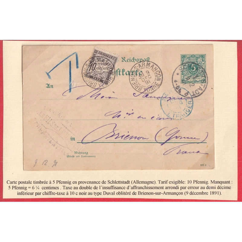 ENTIER 5C VERT SCHLETTSTADT SELESTAT BAS RHIN ALSACE LORRAINE TAXE 10C NOIR BRIENON SUR ARMANCON YONNE 1891