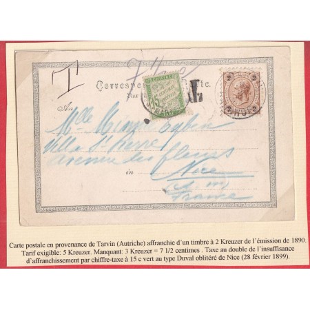 AUTRICHE AUSTRIA 2 KREUZER TARVIN BANNHOF TAXE DUVAL 15C VERT NICE ALPES MARITIMES 1899