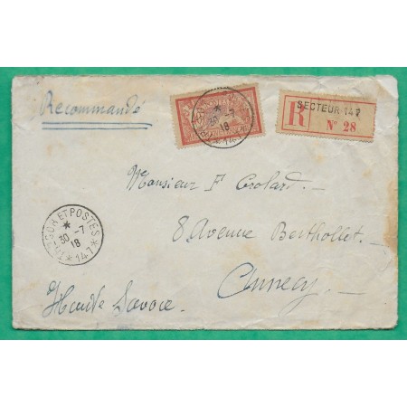 N°119 MERSON FRANCHISE MILITAIRE RECOMMANDE TRESOR ET POSTES SECTEUR 147 POUR ANNECY HAUTE SAVOIE 1918 WW1 COVER FRANCE