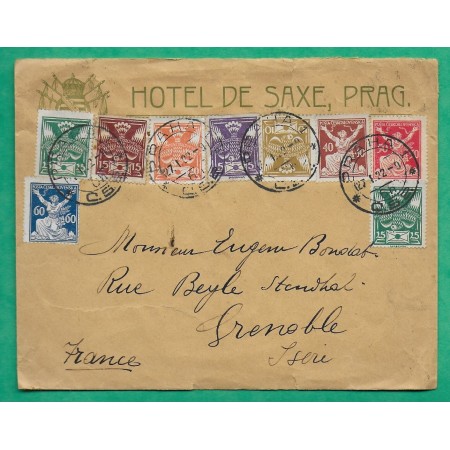 NICE COVER PRAHA PRAGUE CZECHOSLOVAKIA TCHECOSLOVAQUIE 9 DIFFERENT STAMPS HOTEL DE SAXE POUR GRENOBLE ISERE FRANCE 1922