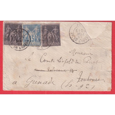 N°90 89X2 LEVEE EXCEPTIONNELLE PARIS AVENUE DE L'OPERA E1 POUR CAEN 1888 TOULOUSE REEXP GRENADE HAUTE GARONNE