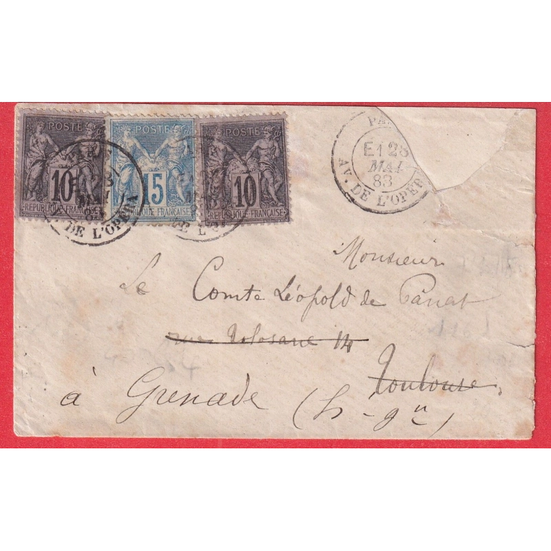 N°90 89X2 LEVEE EXCEPTIONNELLE PARIS AVENUE DE L'OPERA E1 POUR CAEN 1888 TOULOUSE REEXP GRENADE HAUTE GARONNE
