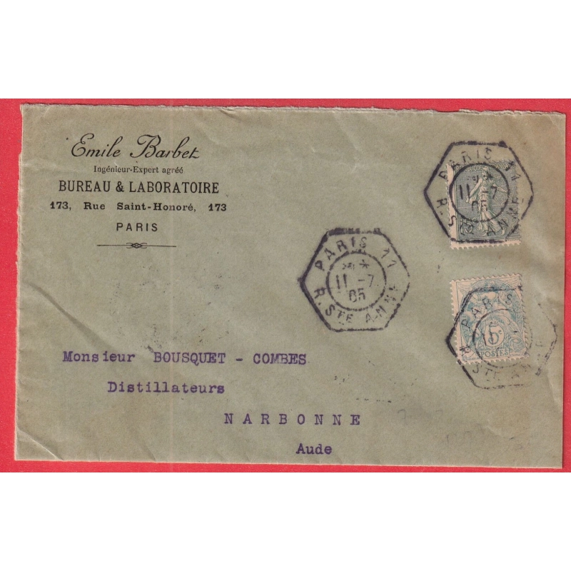 N°111 130 LEVEE EXCEPTIONNELLE PARIS R  STE ANNE AU DOS PARIS DEPART NARBONNE AUDE 1905