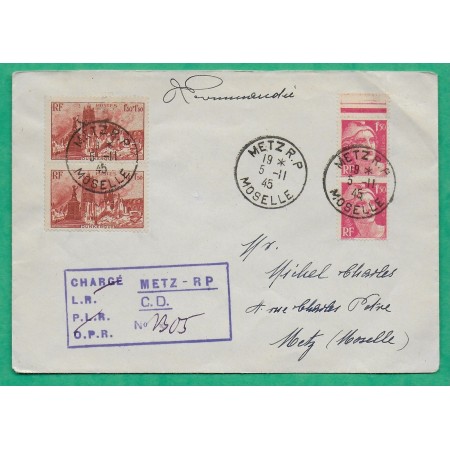 N°712 x2 MARIANNE GANDON BDF + N°744 x2 RECOMMANDE PROVISOIRE METZ RP MOSELLE POUR METZ 1945 LETTRE COVER FRANCE