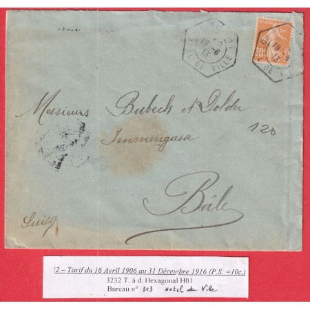 N°141 LEVEE EXCEPTIONNELLE PARIS 113 HOTEL DE VILLE 1913 BALE SUISSE