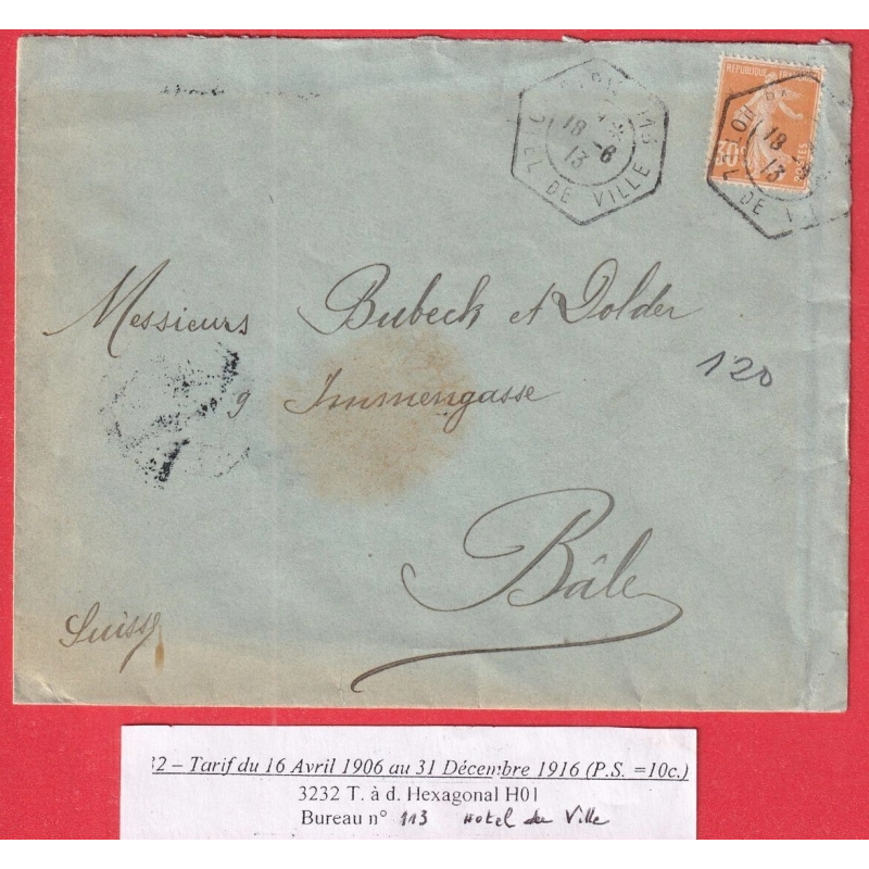 N°141 LEVEE EXCEPTIONNELLE PARIS 113 HOTEL DE VILLE 1913 BALE SUISSE