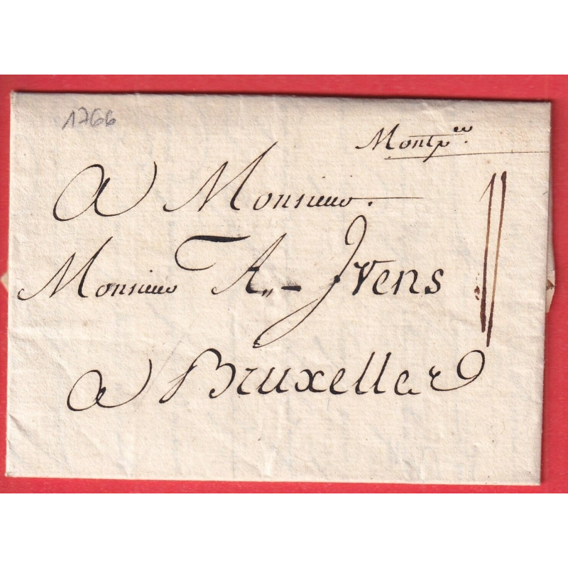 MARQUE MANUSCRITE DE MONTPELLIER HERAULT 1766 POUR BRUXELLES BELGIQUE