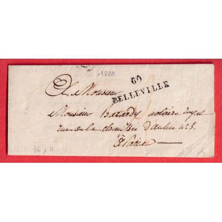 MARQUE 60 BELLEVILLE SEINE 36X11 1828 TAXE MANUSCRIT ROUGE 2 POUR PARIS INDICE 10