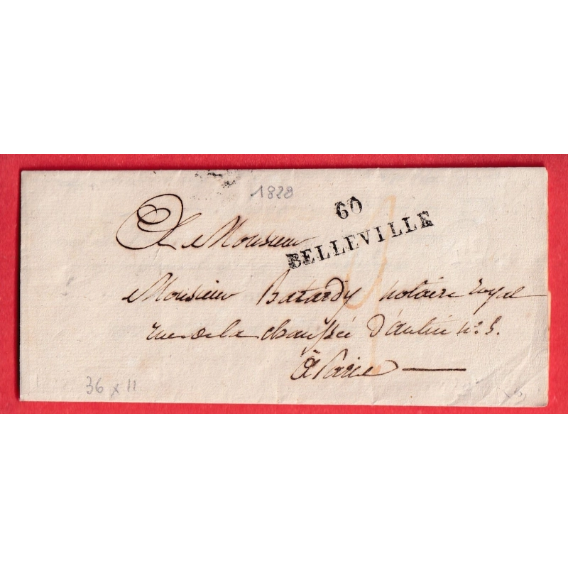 MARQUE 60 BELLEVILLE SEINE 36X11 1828 TAXE MANUSCRIT ROUGE 2 POUR PARIS INDICE 10