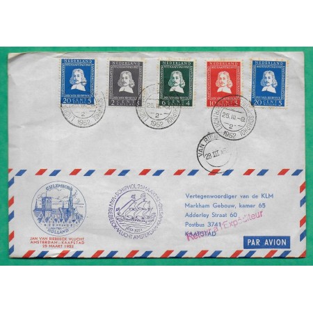 NICE COVER LUCHTHAVEN AMSTERDAM SCHIPHOL HOLLAND FOR KAAPSTAD SOUTH AFRICA REUSED RETURN GRAVENHAGE 1952 AIRMAIL