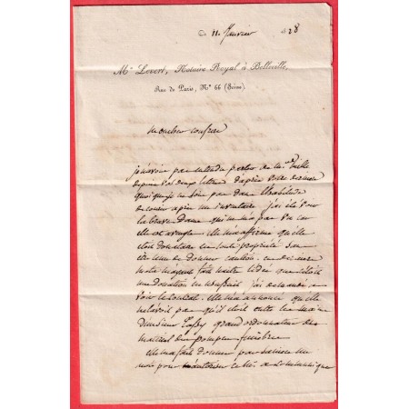 MARQUE 60 BELLEVILLE SEINE 36X11 1828 TAXE MANUSCRIT ROUGE 2 POUR PARIS INDICE 10