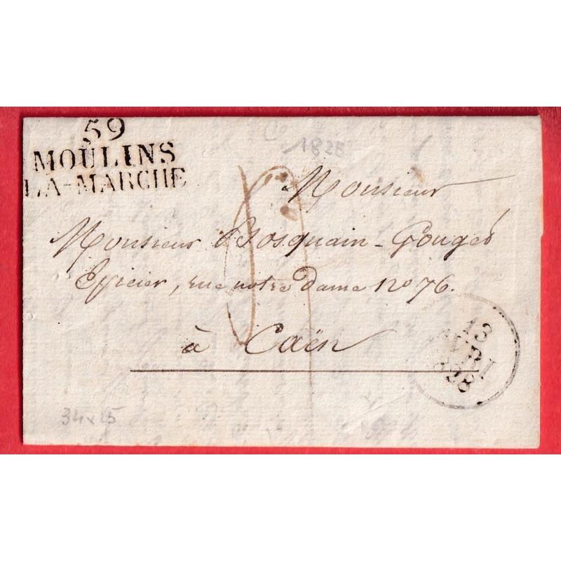 MARQUE 59 MOULINS LA MARCHE ORNE 1828 POUR CAEN CALVADOS INDICE 11