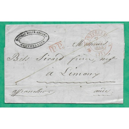 CAD TYPE 12 MONTPELLIER ROUGE HERAULT PP ROUGE POUR LIMOUX AUDE 1844 LETTRE COVER FRANCE