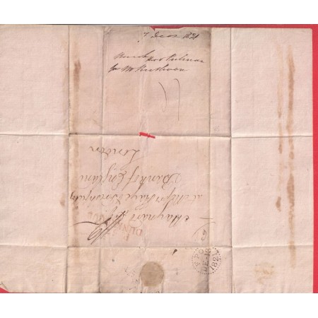 MARQUE P57P DUNKERQUE NORD EN ROUGE POUR LONDRES LONDON ANGLETERRE 1821 INDICE 12 AMELIORATION DE DATE