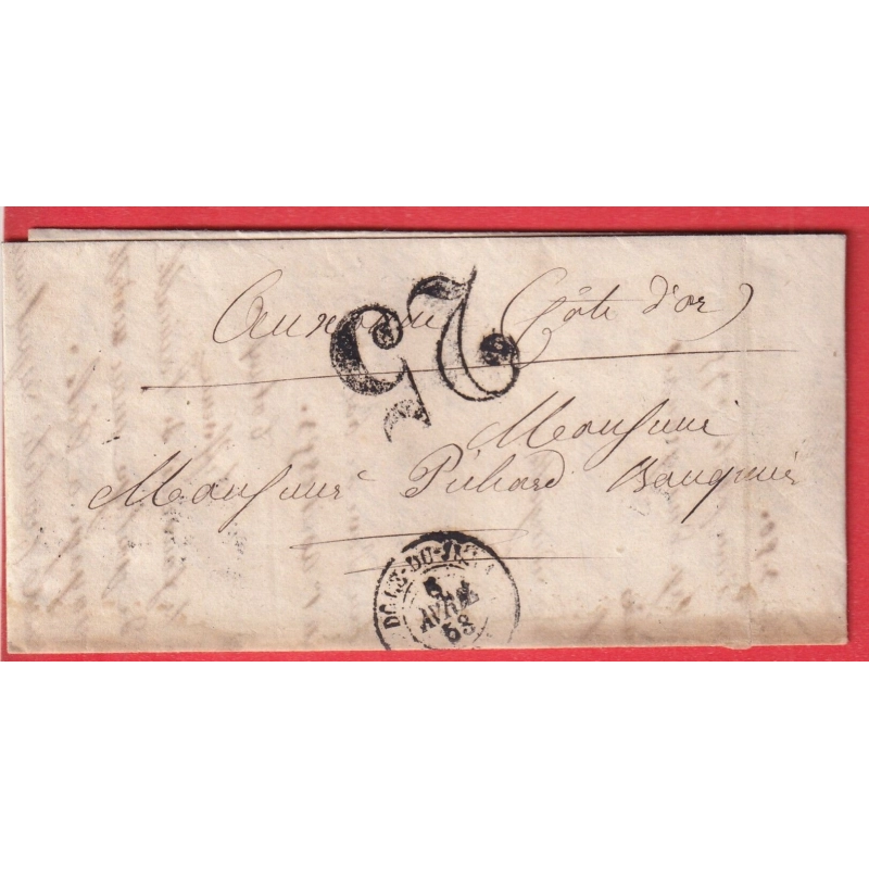 TAXE TAMPON 25 OMBREE DOLE DU JURA 1858 POUR AUXONNE COTE D'OR