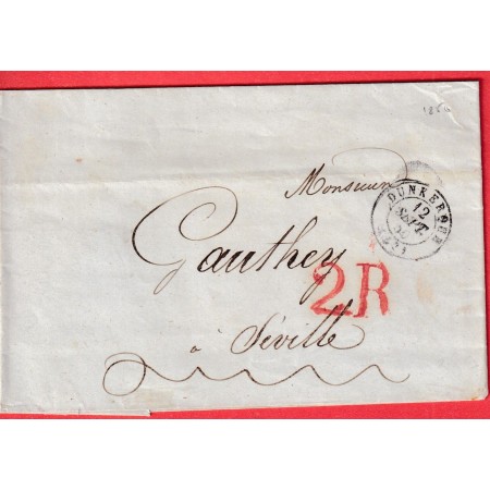 CAD TYPE 15 DUNKERQUE NORD TAXE 2R ROUGE SEVILLE SEVILLA ESPAGNE SPAIN 1850