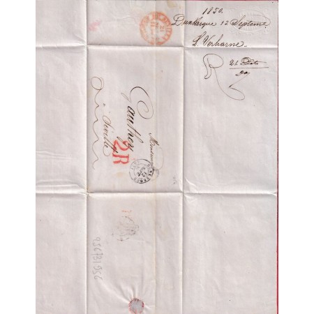 CAD TYPE 15 DUNKERQUE NORD TAXE 2R ROUGE SEVILLE SEVILLA ESPAGNE SPAIN 1850