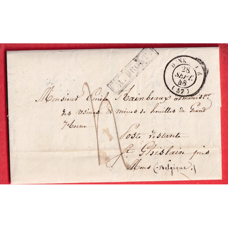 CAD TYPE 15 DUNKERQUE NORD GRIFFE R FRONT TARIF FRONTALIER DOUBLE PORT 4 1848 ST GHISLAIN BELGIQUE