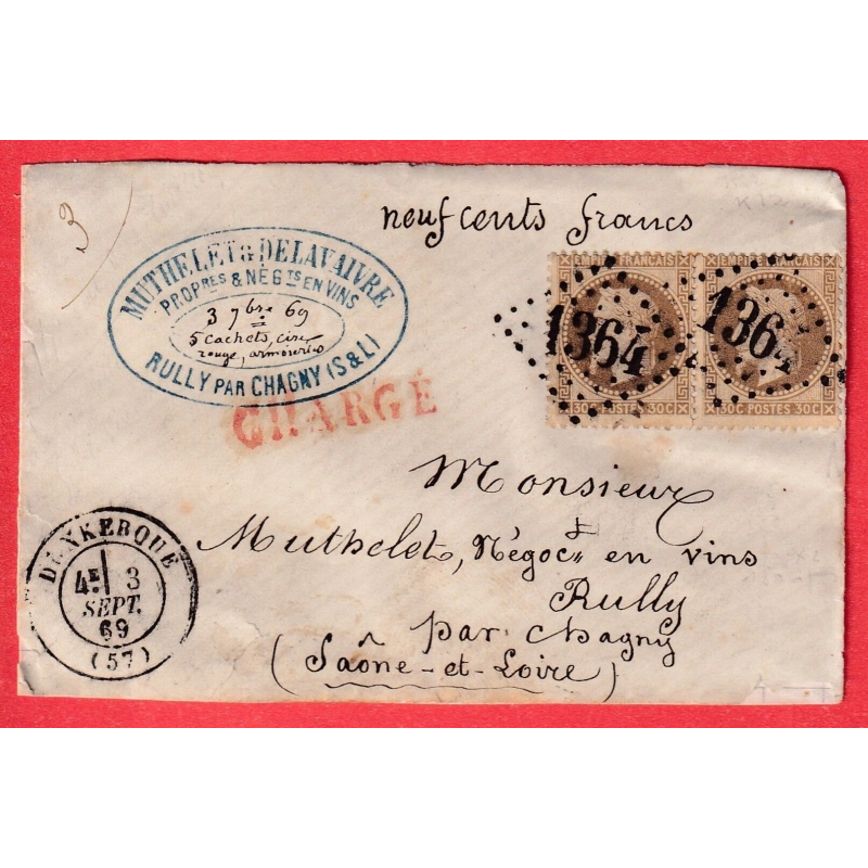 N°30 PAIRE GC 1364 DUNKERQUE NORD DEVANT DE LETTRE POUR CHAGNY SAONE ET LOIRE