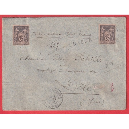 N°97 X2 MORTAGNE SUR HUINE ORNE 1893 POUR DOLE JURA LETTRE CHARGE