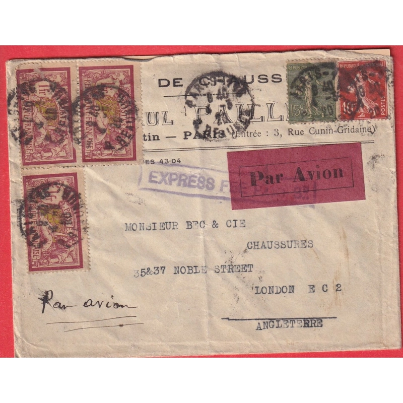 N°121 X3 130 138 LETTRE EXPRESS PAR AVION PARIS 1920 LONDRES LONDON MERSON SEMEUSE