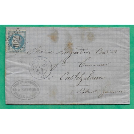 N°29 VARIETE ANNEAU DE LUNE CAD TYPE 17 GARE DE BAZAS GIRONDE POUR CASTELJALOUX LOT ET GARONNE 1869 LETTRE COVER FRANCE