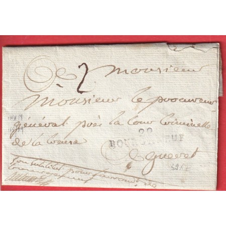 MARQUE 22 BOURGANEUF CREUSE 1811 FRANCHISE LE SUBSTITUT DU TRIBUNAL DE BOURGANEUF POUR GUERET