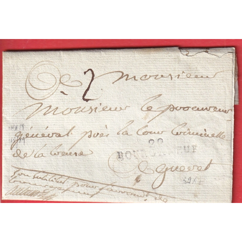 MARQUE 22 BOURGANEUF CREUSE 1811 FRANCHISE LE SUBSTITUT DU TRIBUNAL DE BOURGANEUF POUR GUERET