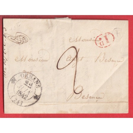 CAD TYPE 12 ORNANS DOUBS BOITE RURALE + DECIME RURAL DE VUILLAFANS POUR BESANCON 1842