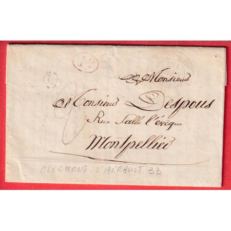 CAD TYPE 13 CLERMONT L'HERAULT BOITE RURALE + DECIME RURAL PAULHAN POUR MONTPELLIER HERAULT 1837