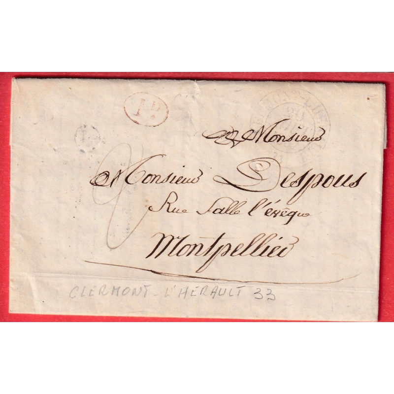 CAD TYPE 13 CLERMONT L'HERAULT BOITE RURALE + DECIME RURAL PAULHAN POUR MONTPELLIER HERAULT 1837