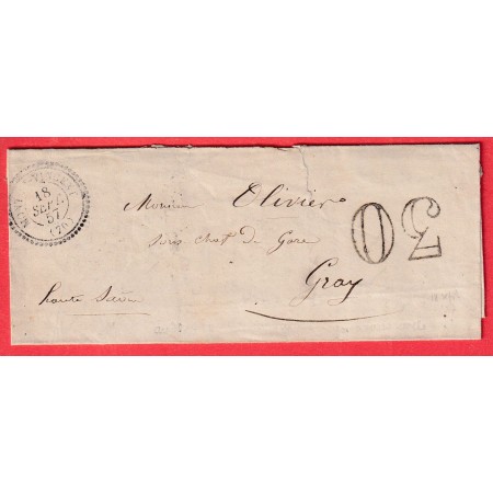 CAD TYPE 22 MONT ST VINCENT SAONE ET LOIRE 1857 POUR GRAY HAUTE SAONE TAXE TAMPON 30C