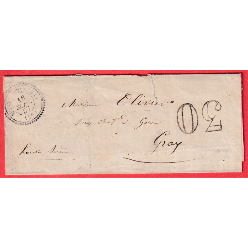 CAD TYPE 22 MONT ST VINCENT SAONE ET LOIRE 1857 POUR GRAY HAUTE SAONE TAXE TAMPON 30C