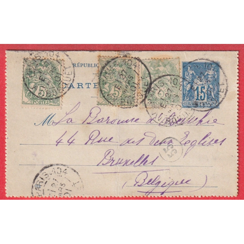 ENTIER SAGE 15C BLEU N°111 X3 LEVEE EXCEPTIONNELLE PARIS 104 AV BOSQUET BRUXELLES BELGIQUE BUREAU RARE