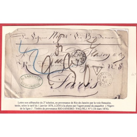 RIO DE JANEIRO BRESIL BRASIL 1876 PAQUEBOT NIGER LIGNE J POUR PARIS