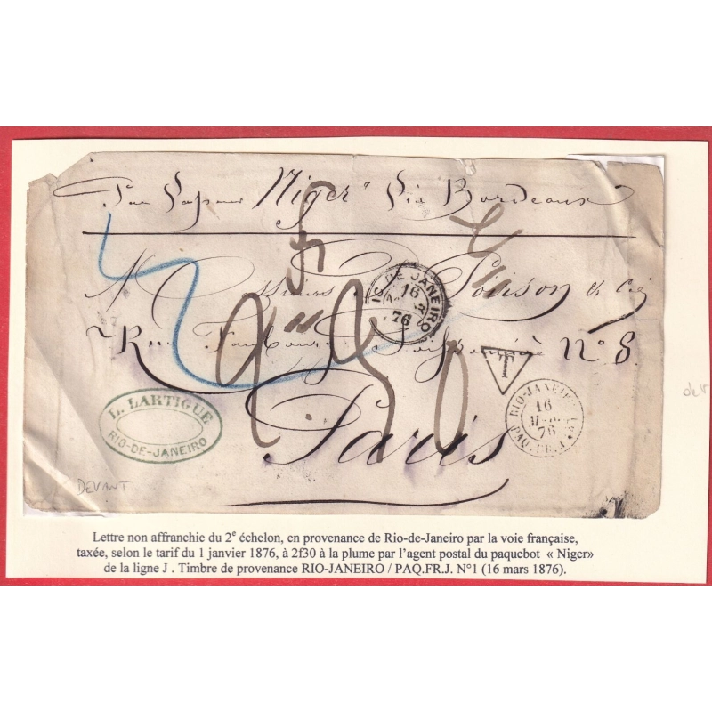 RIO DE JANEIRO BRESIL BRASIL 1876 PAQUEBOT NIGER LIGNE J POUR PARIS