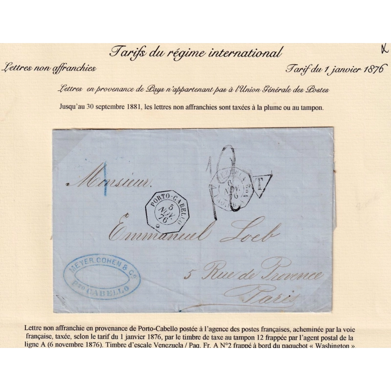 CACHET CONSULAIRE PORTO CABELLO VENEZUELA PAQUEBOT FRANCAIS LIGNE A PAQUEBOT WASHINGTON 1876