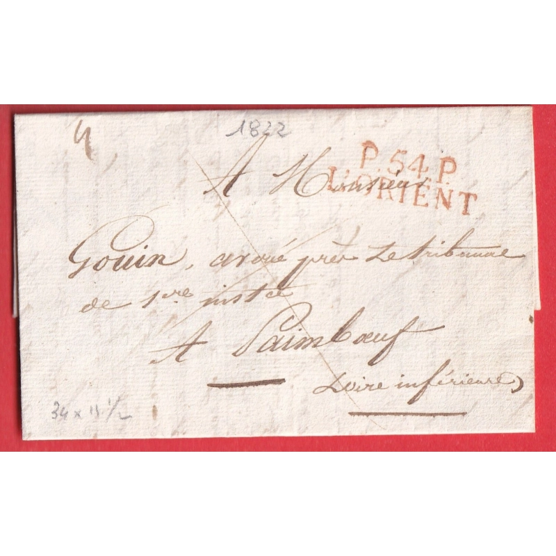 MARQUE P54P LORIENT MORBIHAN 1822 EN ROUGE POUR PAIMBOEUF LOIRE INFERIEURE INDICE 10