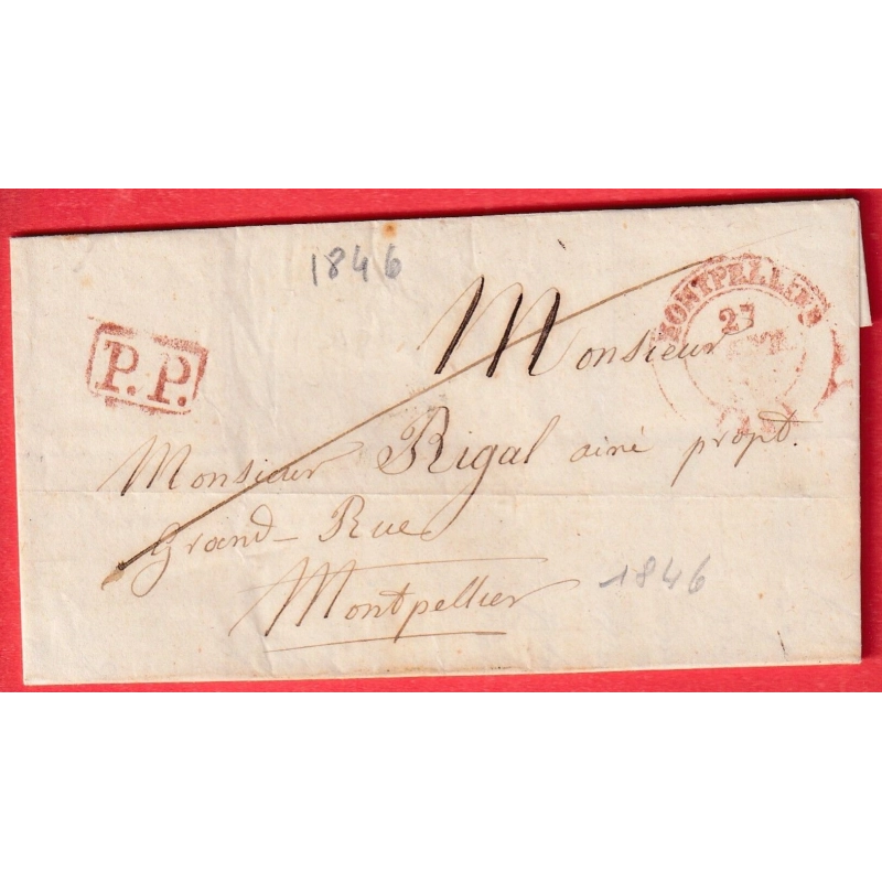 CAD TYPE 14 EN ROUGE MONTPELLIER HERAULT + PP ROUGE TAXE LOCALE 1 AU DOS 1846 POUR MONTPELLIER