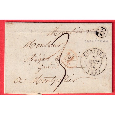 CAD TYPE 15 BEZIERS HERAULT BOITE RURALE B + DECIME RURAL CAPESTANG 1844 POUR MONTPELLIER