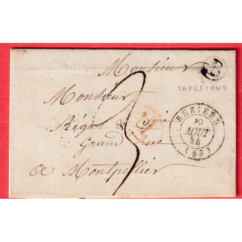 CAD TYPE 15 BEZIERS HERAULT BOITE RURALE B + DECIME RURAL CAPESTANG 1844 POUR MONTPELLIER