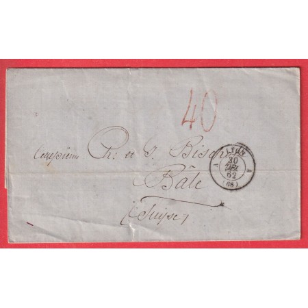 CAD LYON A 68 A RHONE TAXE SUISSE 40 ROUGE 1862 POUR BALE