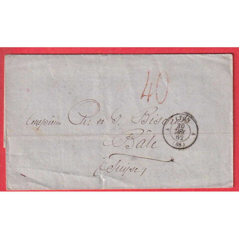 CAD LYON A 68 A RHONE TAXE SUISSE 40 ROUGE 1862 POUR BALE