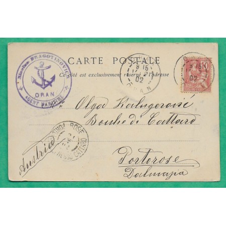 N°116 MOUCHON CARTE POSTALE ORAN ALGERIE POUR ROSE MONTENEGRO + CACHET NICOLAS DRAGOTINOVICH AGENT MARITIME 1902